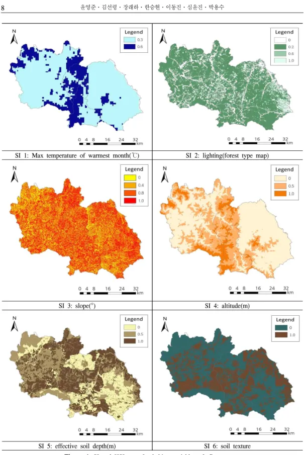 Figure 4. SI and HSI map for habitat variables of C. guttatum.