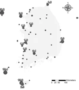 Figure 2. Complementary area analysis. The numbers show percentages by total species (383species)1)  종풍부도제3차전국자연환경조사의 전체 종목록을 지도화 한 결과는 Figure 2와 같다