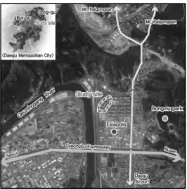 Figure 1. Geographical location of study siteJung et al.(2008)의 연구에서는 블록포장의 구배, 부분침하, 블록측면 및 모서리 깨짐, 블록 중앙부 균열 등을 조사항목으로 설정하여 아파트단자의 보차도용 콘크리트 블록, 보도용 콘크리트 블록 등에 대한 실태조사를 실시하였다