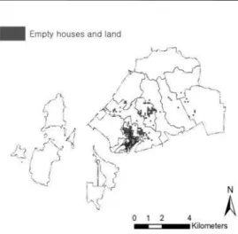 Figure 7. Estimation of empty houses and land based on population in 2030 축소 도시에서 발생한 공지의 활용과 관련하 여 Rößler(2010)는 축소 도시에 대응해 지속 가 능한 공지 이용의 개념이 필요하며 거주밀도 감 소는 도시성을 잃는 것이 아니라 외부환경의 질 적 향상과 더불어 더 친환경적인 도시를 만드는 기회라고 서술했다