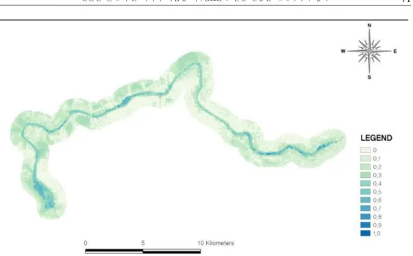 Figure 5. HSI map for habitat variables of Lutra lutra. 을 바탕으로 100m까지를 SI 6 = 0으로, 1,000m 이상을 SI 6 = 1.0으로 설정하였다(Figure 4f)