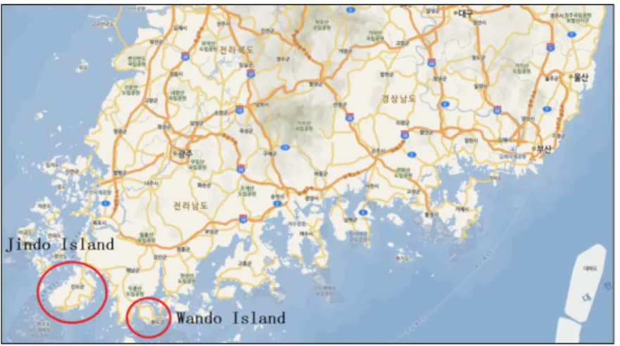 Figure 1. Geographic map of Jindo-gun and Wando-gun. 