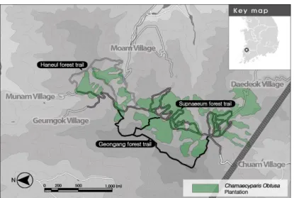 Figure 1. The survey routes of this study식물상과 같은 자연자원에 대한 정보를 구축하는 것이 체계적인 숲관리에 있어 필요할 것이다