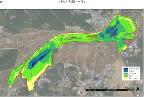 Figure 3. The map showing the assessment of conservation vlaue of wetlands 내부 지역일수록 보전 가치가 높고 외곽 지역일 수록 보전 가치가 낮게 나타났다