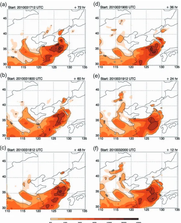 Fig. 7. Spatial distributions of surface PM 10  concentration at 12 UTC 20 March in 2010 simulated from (a) –72 hr (12UTC 17 March), (b) –60 hr (00UTC 18 March), (c) –48 hr (12UTC 18 March), (d) –36 hr (00UTC 19 March), (e) –24 hr (12UTC 19 March), and (f)