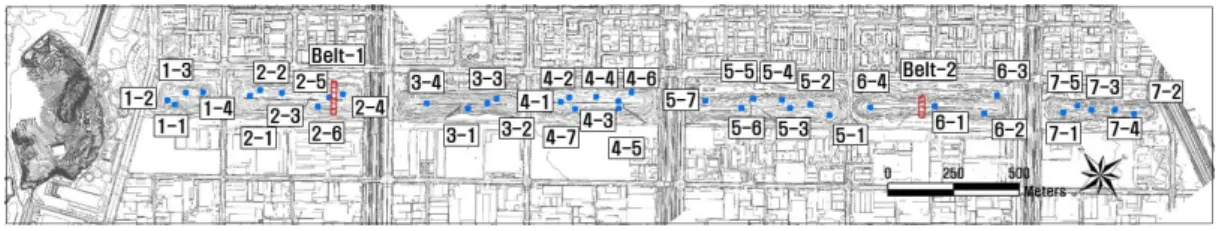 Figure 2. Survey plot of vegetation structure까시나무림 등으로 식재유형을 구분하였다.Robinson(1992)과 Kim(1999)의 식재기능 기준에 따라 차폐와 저감의 목적으로 식재된 곰솔,스트로브잣나무, 양버즘나무, 백합나무 등을 완충식재지로 분류하였고, 시각적 상징경관 형성을 목적으로 식재된 소나무, 리기다소나무, 메타세쿼이아와 그 외 낙엽활엽수종이 식재된 곳을 경관식재지로 구분하였다