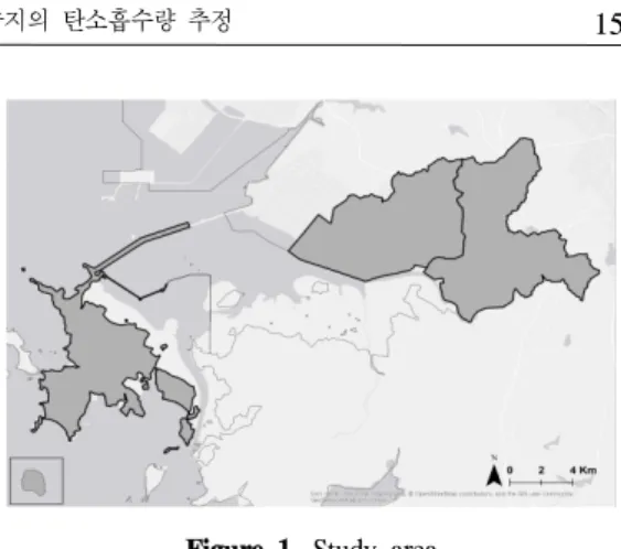 Figure 1. Study area본 연구는 지역에서 도시녹지의 실제 공간분포를 파악하고, 이를 반영한 탄소흡수량을 평가하는 방안에 초점을 맞추었다. 이를 위해 국내에서 다양하게 활용되는 환경공간정보를 검토하고, 기존에 수행되었던 도시녹지의 탄소흡수량 결과들을 정리하여 환경공간정보에 적용할수 있는 방안을 도출하였다