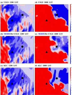 Fig. 8. Surface horizontal wind vector fields valid at 1200 LST from the WRF simulations using (a) USGS, (b) MODIS30s + USGS and (c) KLC land cover data, and those at 1800 LST 13 May 2009 from the simulations using (d) USGS, (e) MODIS30s + USGS and (f) KLC