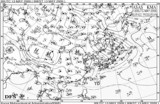 Fig. 1. surface synoptic chart at 0900 LST 13 May 2009.