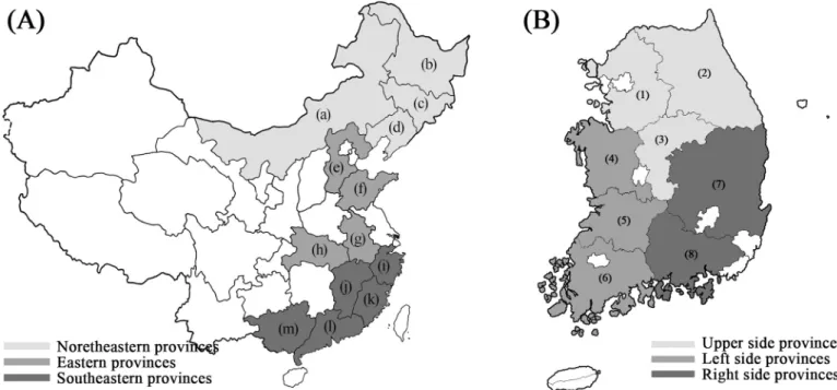 Fig 1. Map showing the origin of the Chinese and Korean soybeans used in the experiments