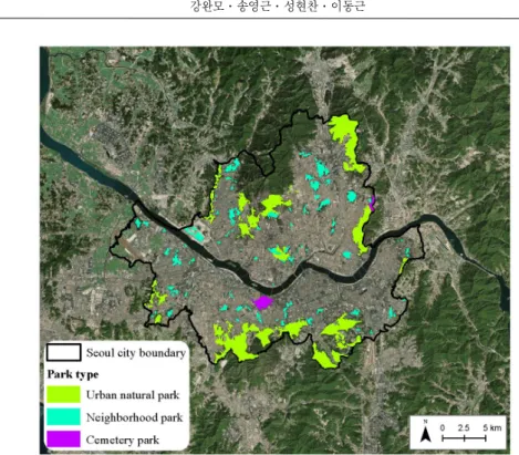 Figure 1. Study area with the unexecuted urban parks of Seoul depending on their designated types (ArcGIS World Imagery map service, 2018)