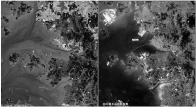 Fig. 1. Satellite images in 1989 (left) and 2005 (right), respectively, before and after construction of the Shihwa sea wall