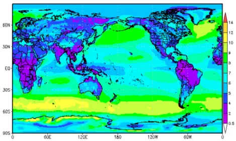 Fig. 2. Global distribution of wind speed (ms −1 ) extrapolated to 80 m and averaged for the years 2000-2009 with 1 o × 1 o resolution.