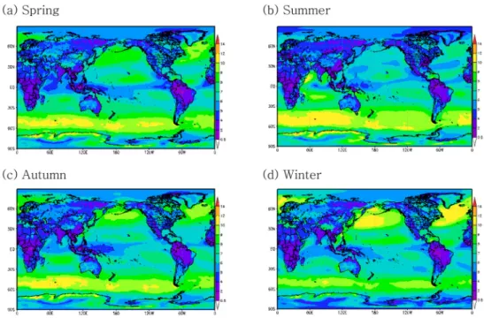 Fig. 3. Spatial distribution of seasonal mean wind speed (ms −1 ) at 80 m altitude above ground level.