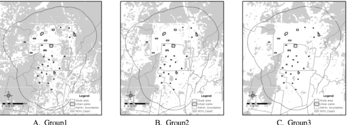 Figure 4. Green area classification using NDVI mean(m) and standard deviation(sd) (Group1: NDVI ≥ m-1sd, Group2: NDVI ≥ m, Group3: NDVI ≥ m+1sd)