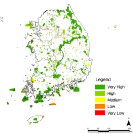 Figure 2. Connectivity analysis of national protected areas 버넌스 유형과 밀접한 관련성을 가지며 보호지 역의 자연자원을 공평하게 관리하는 데에 중요 한 역할을 하는(Oldekop et al., 2016) 보호지역 의 지정권자, 관리 권한, 협력체계 등 관리체계 가 어떻게 이루어지고 구성되어 있는지를 평가 한다