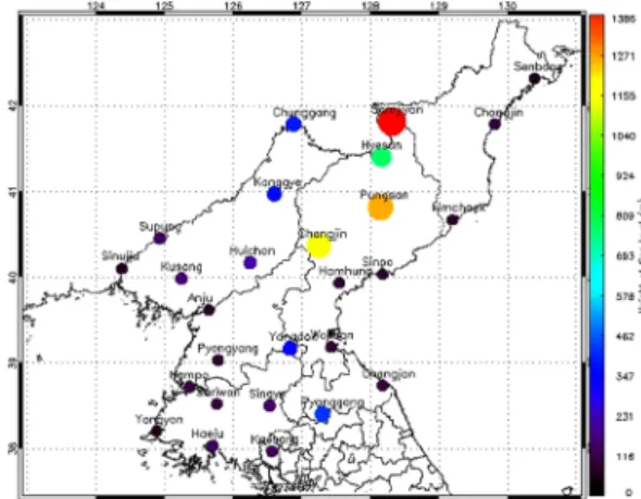 Fig. 2. Location of weather stations in North korea. Right bar indicates the height (m) of topography.