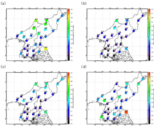 Fig. 4. Spatial distributions of RMSE for 10 m wind speed above ground level during (a) Spring, (b) Summer, (c) Autumn and (d) Winter in North Korea.