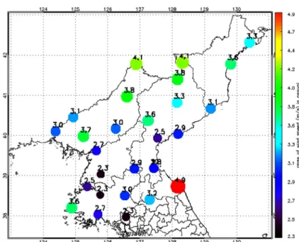 Fig. 6. Annual average wind speeds at 80 m above ground level in North Korea.