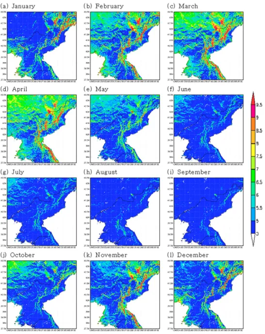 Fig. 7. Monthly average wind speeds at 80 m above ground level in North Korea.