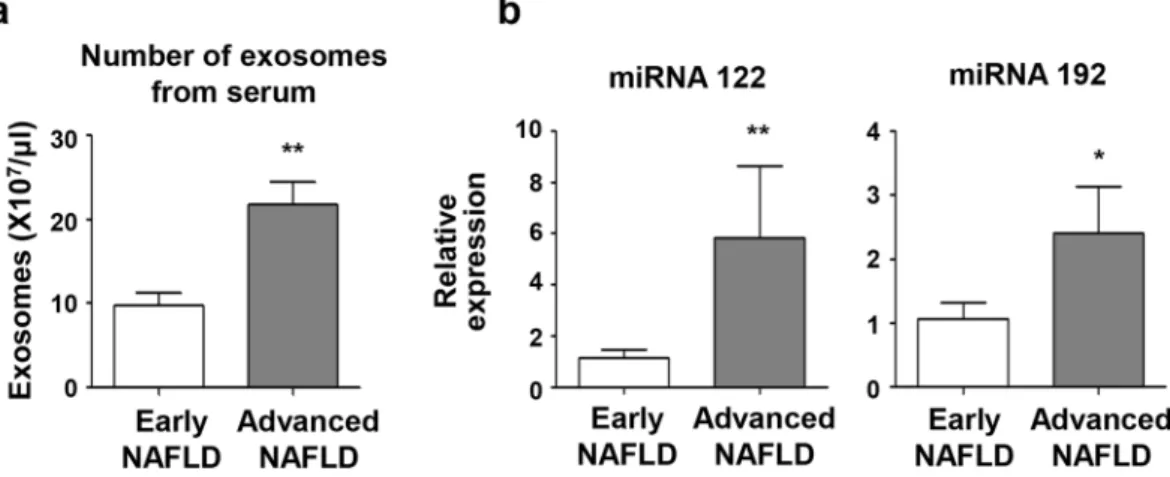Figure 7.  Number of exosomes in the sera in patients with NAFLD and the expression of miRNA 122 and miRNA 