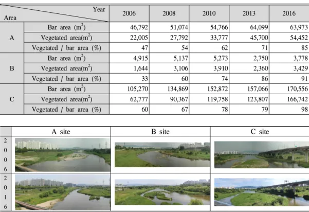 Figure 5. The Process of bar structure in three study sites from 2006 to 2016Year