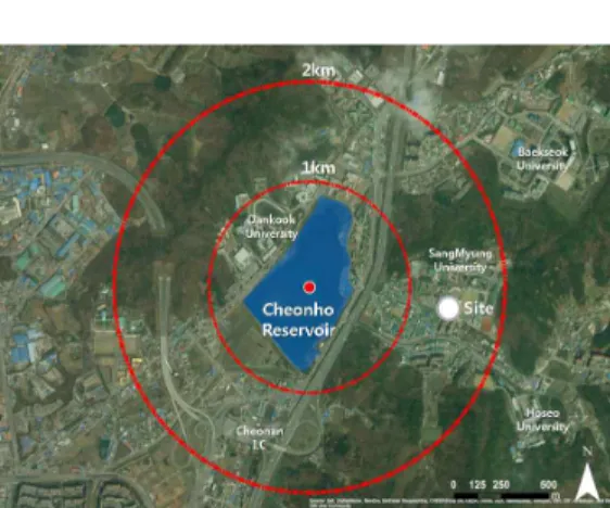 Figure 1. Location of Cheonho Reservoir in Cheonan City 는 실험 설계, 기존 사례 연구, 비교 실험 기간을 포함하여 2015년에서 2017년까지 진행되었다