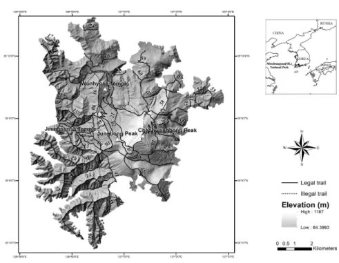 Figure 1. Map of the study area and spatial distribution of trails (numbers in the map indicate the number of facility designated by Mt