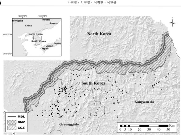 Figure 2. Map of the DMZ and surrounding areas and occurrence point(black points) of Giant ragweed.