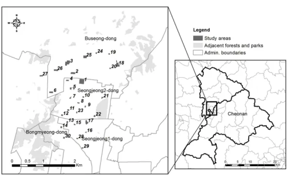 Figure 1. Study area and survey points (see Table 1). 울시 도시생태현황도 자료를 활용하여 박새류 서식지 연결성을 평가하였다