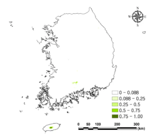 Figure 2. The current distribution of Korean fir projected by TSS weighted ensemble method