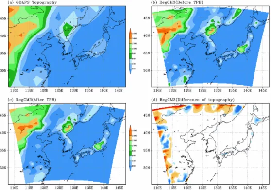 Fig. 2. Model domain and topography of East Asian Region by (a) GDAPS, (b) RegCM3, (c) RegCM3 with topography blending(TPB) experiment and (d) its difference.