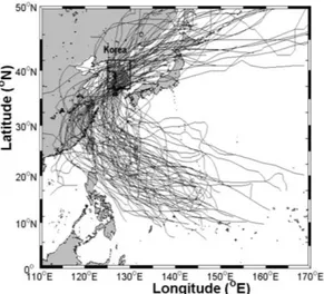 Fig. 6.  Tracks of the KP-landfall TCs during 1951-2009. The black box represents the limits of the KP.