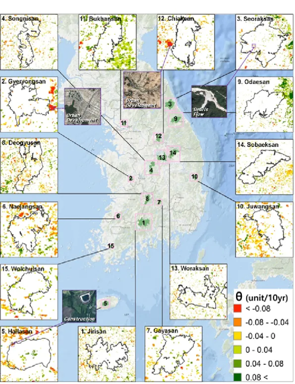 Figure 2. Distribution maps of EVI trend(  , p<0.05) 후 강수량의 감소로 인해 EVI가 두 지역 모두 낮아졌으나 값이 낮은 지역은 높은 지역에 비 해 회복이 빠른 것을 확인할 수 있다