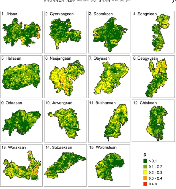 Figure 5. Distribution maps of absolute value of  (climate sensitivity) 취했을 경우, 평균 0.12(±0.08) 최소값 0, 최대값 0.66으로 나타났다