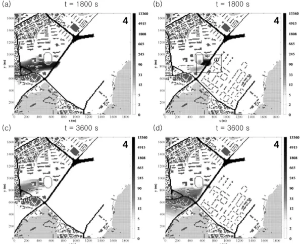 Fig. 14.  The pollutant concentration fields at z = 2.5 m in the cases of easterly before [(a) and (c)] and after [(b) and (d)] the construction.