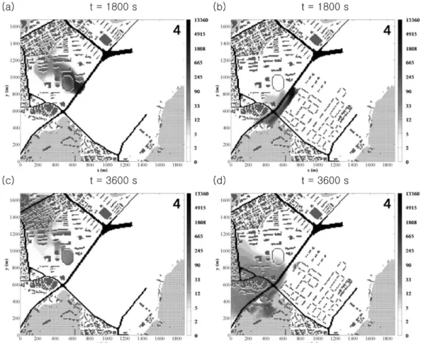 Fig. 15.  The pollutant concentration fields at z = 2.5 m in the cases of south-easterly before [(a) and (c)] and after [(b) and (d)]