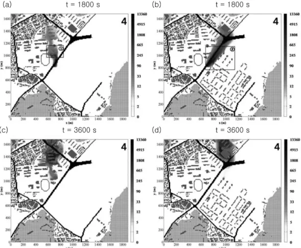 Fig. 16.  The pollutant concentration fields at z = 2.5 m in the cases of southerly before [(a) and (c)] and after [(b) and (d)] the construction.