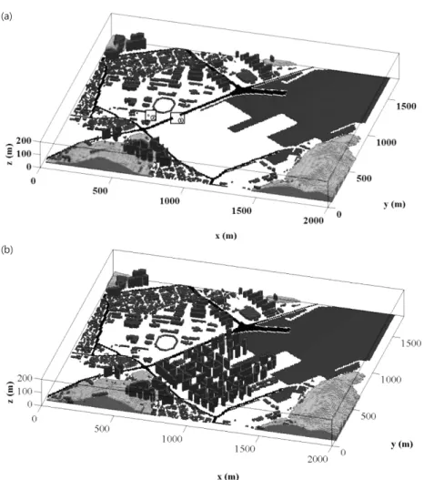 Fig. 2.  The topography and buildings (a) before and (b) after construction of the apartment complex.