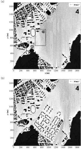 Fig. 9.  Wind vector fields in vertical at the target area in the cases of south-easterly (a) before and (b) after the construction.