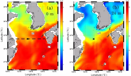 Fig. 7. Spatial distributions of mean water temperature at (a) the surface and (b) 24-m depth in July based on the World Ocean Atlas (WOA) 2005 (http://www.nodc.noaa/OC5/WOA5/pr_woa05.html)