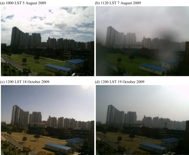 Fig. 6. Variable weather conditions. Cloudy (a), cloudy and rain (b), clear (c) and haze and dust (d) for 1100 LST 5 August, 1120 LST 7 August, 1200 LST 18 October and 1200 LST 19 October, 2009, respectively