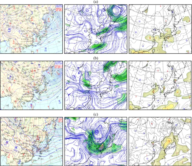 Fig. 6. Typical Synoptic weather charts on 850hPa 00UTC, 850hpa Streamline, Showalter Stability Index between  925-700hpa for the case of Asian dust event