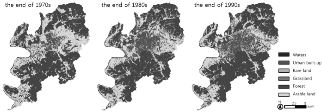Figure  3.  Land  cover  change  in  the  Daegu  region  from  1970s  to  1990s.상지내 100개의 포인트를 도출하여 포인트마다 20가지의 Block  크기별 RPR지수를 측정하였다