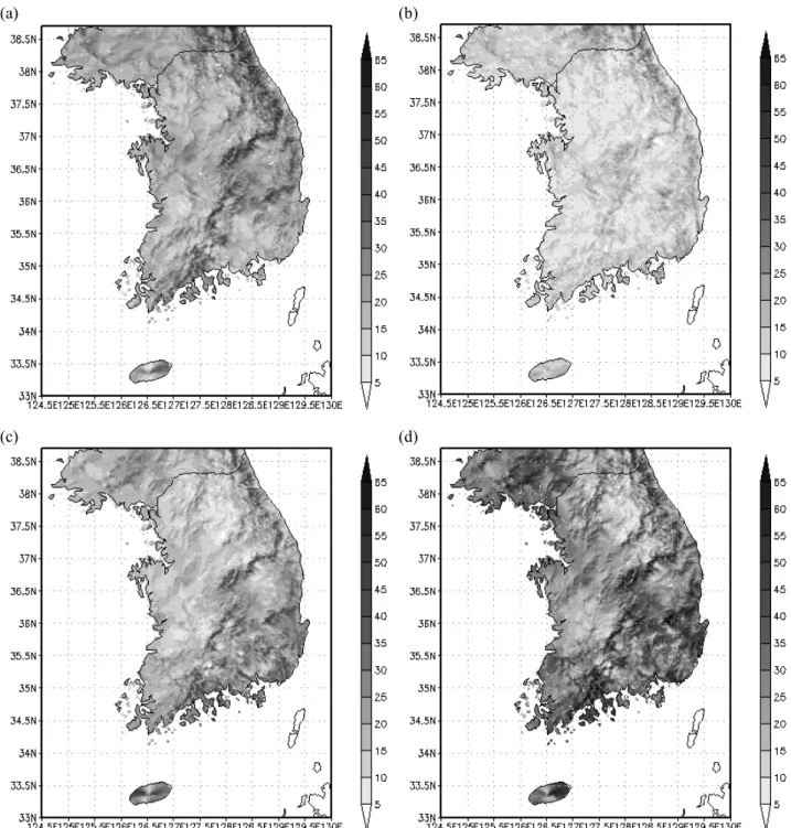 Fig. 7. Same as Fig. 5, except for percentage of main wind direction which is larger than 5 m s ‐1  at 80 m above ground .