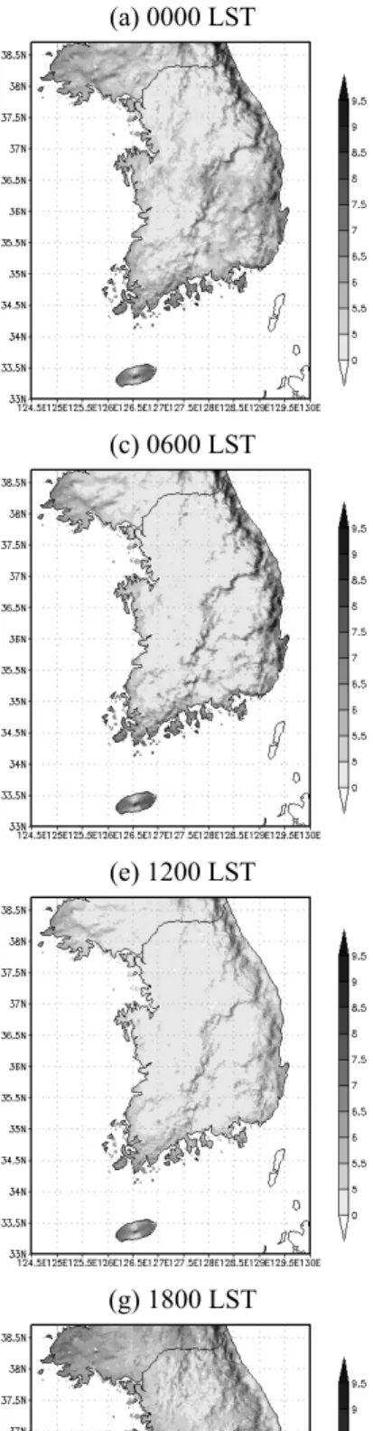 Fig. 8. Diurnal distribution of wind speed at 80 m above ground. Wind speed is shaded with interval of 0.5 m s ‐1  for high  wind speed above 5 m s ‐1 .