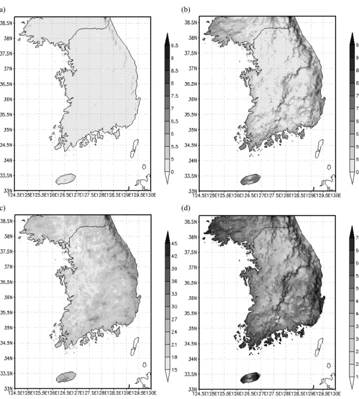Fig. 3. Annual average wind speeds over the Korean Peninsula at (a) 10m and (b) 80m above ground