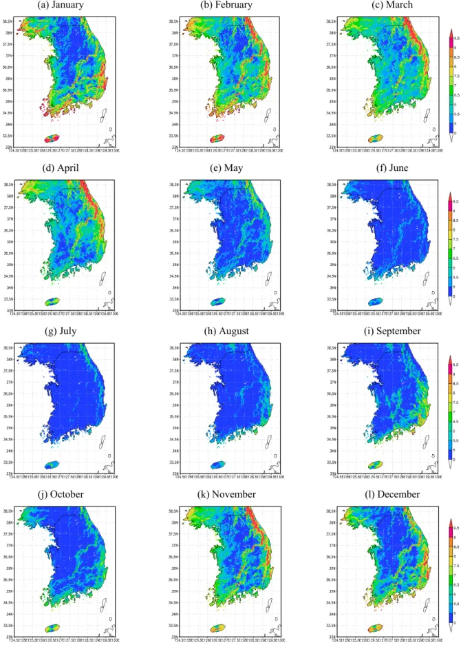 Fig. 4. Spatial distribution of monthly mean wind speeds at 80 m above ground. Wind speed is shaded with interval of 0.5  m s ‐1  for high wind speed above 5 m s ‐1 .