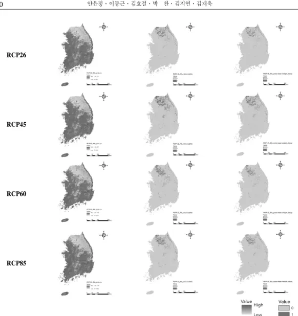 Figure  6.  Results  of  ensemble  models  which  RCP  scenario  2.6,  4.5,  6.0,  and  8.5  were  applied  (left:  Coefficient  of  variation  of  probabilities(prob.cv)  middle:  Confidence  interval(prob.ci)/  right:  Weighted  mean  of  probabilities).
