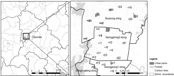 Figure  1.  Study  area  and  survey  points  (see  Table  1).사하고 이를 근거로 조류 서식환경을 개선할 수 있는 방안을 제안하였다